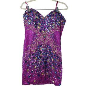 STRAPLESS Embellished L JEWELED Beaded Party Prom Mini Dress Magenta Cocktail